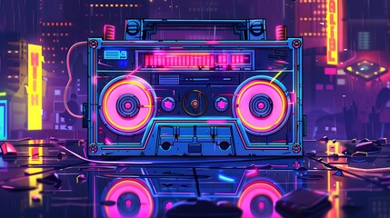 Fototapeta premium Retro Boombox on a Neon City Street in the Rain.