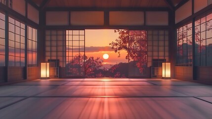 Fototapeta premium Traditional Japanese Room with Sunset View Through Sliding Doors.