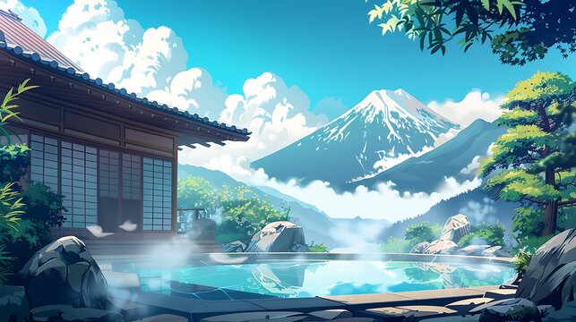 Tranquil Japanese Hot Spring with Mountain View.