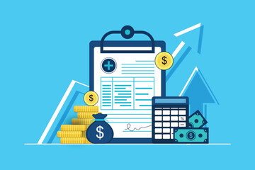 Expensive growing up health medicine cost concept. healthcare spending's or expenses. medical clipboard document with money and calculator