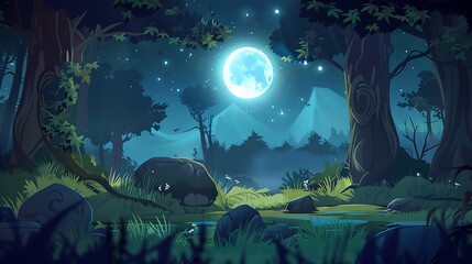 Obraz premium A serene night scene in a mystical forest, illuminated by a full moon.