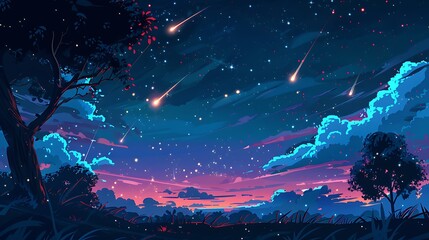 Obraz premium Night Sky with Shooting Stars and Trees. The image is a peaceful night landscape featuring trees silhouetted against a backdrop of a dark blue sky filled with stars and shooting stars.