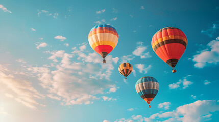 Obraz premium Colorful Uplifting 3D animation of vibrant hot air balloons rising in a clear, blue sky 