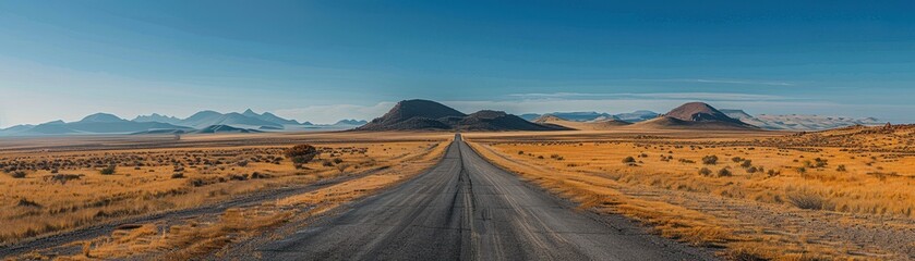 Endless Road Through Desert Landscape with Mountains in the Distance Under Clear Blue Sky