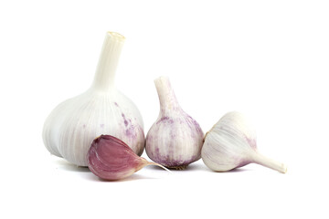 Garlic bulbs of varying sizes isolated on white background