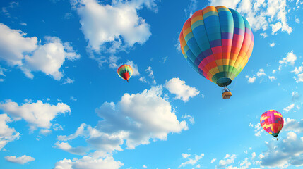 Naklejka premium Colorful Uplifting 3D animation of vibrant hot air balloons rising in a clear, blue sky 