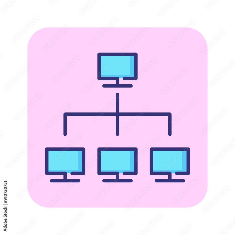 Poster Computer network line icon. Monitors in flow chart. Information technology concept. Can be used for topics like data system, IT architecture, lan connection