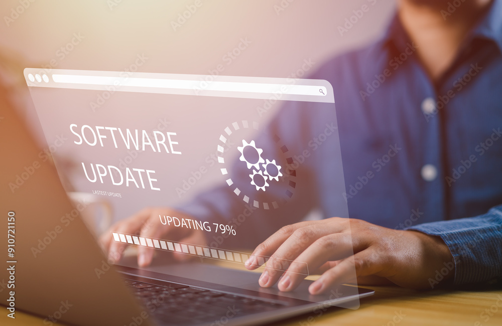 Poster Man working and installing update process. Software updates or operating system upgrades to keep your device up to date with enhanced functionality in new versions and improved security.