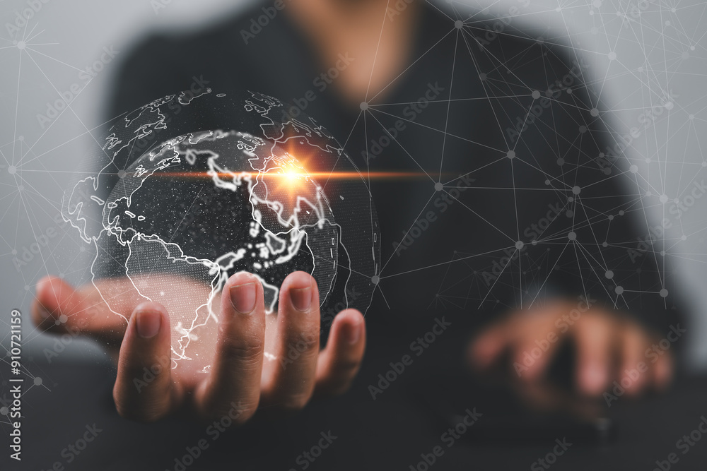 Poster global business intelligence, businessman uses a digital interface to analyze data, unlocking insigh
