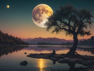 This captivating image features a solitary man seated on a rugged rock, gazing contemplatively at a luminous full moon that casts a serene glow over the landscape. 