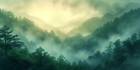 A hazy sunrise forest with gentle tree outlines.
