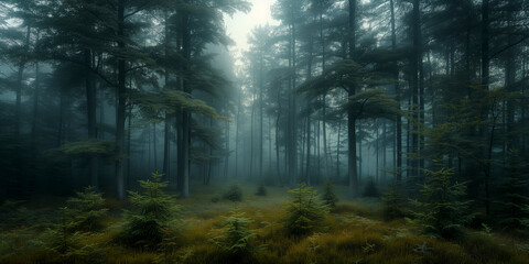Fototapeta premium A misty morning forest with soft morning light