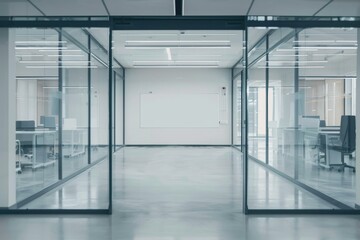 Modern Office Interior with Glass Walls and a Blank Whiteboard
