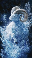 White mountain goat emerging from ice in