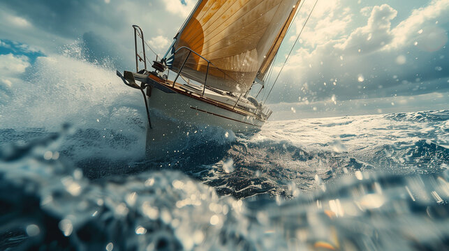 Dynamic shot of sailboat heeling in strong wind, water rushing past hull