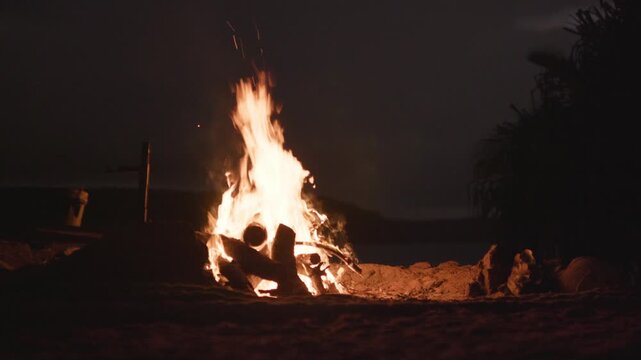 A campfire on windy night on remote island in tropical Australia. Clip 4
