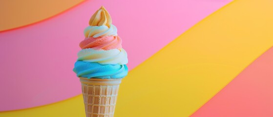 Colorful Ice Cream Cone on Geometric Pink and Yellow Background Multicolored Soft Serve Dessert Sweet Summer Treat Vibrant Playful Food Photography