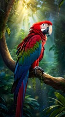 Obraz premium Colorful macaw parrot in the jungle. macaw parrot with colorful plumage and a long tail sitting on the tree branch. colorful parrot in the rain forest, wildlife and nature concept