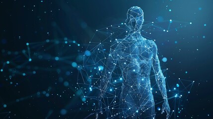 Wire frame human full body in virtual reality. Medical blue print scanned 3D model. Polygonal technology design. Front, Back, Side view
