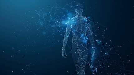 Wire frame human full body in virtual reality. Medical blue print scanned 3D model. Polygonal technology design. Front, Back, Side view
