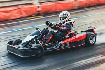 Man racing in a go-kart on a track, wearing a helmet and racing suit