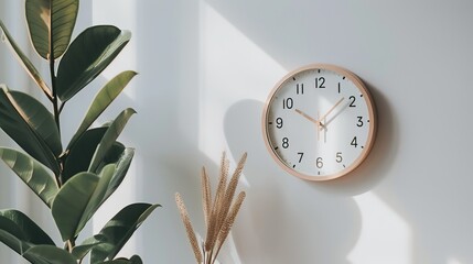 Wall Clock with Wooden Frame White Face Green Plant Leaves Dried Pampas Grass Modern Home Decor Natural Elements Time Display