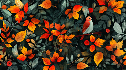 autumnal foliage and bird pattern background