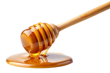 Honey falling off honey dipper isolated on white background. Generative AI. 