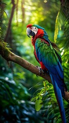 Obraz premium Colorful macaw parrot in the jungle. macaw parrot with colorful plumage and a long tail sitting on the tree branch. colorful parrot in the rain forest, wildlife and nature concept