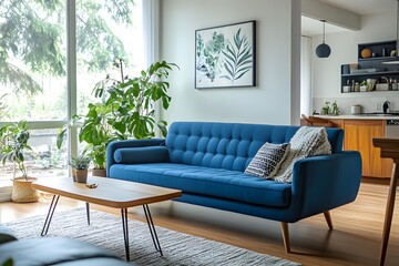 Mid century, scandinavian interior design of modern living room with blue sofa, negative space, sharp focus