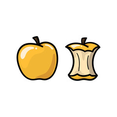An illustration of a full yellow apple and a yellow apple core side by side on a white background