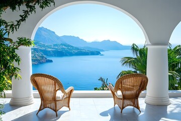 Terrace with rattan chairs. Arch with stunning sea view. Summer vacation background