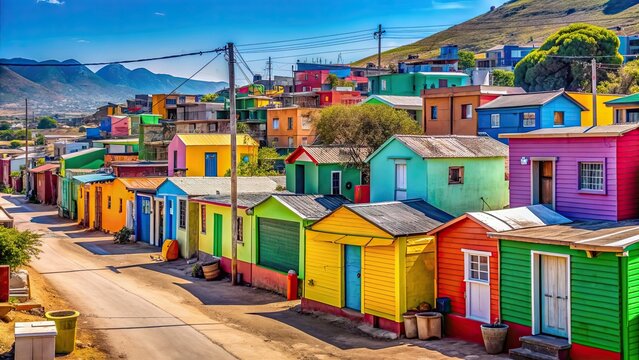 A vibrant South African township with colorful houses and bustling streets, township, South Africa, community, neighborhood