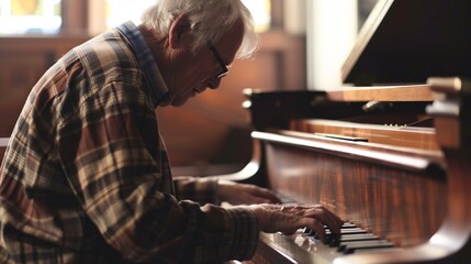 A senior's journey learning a new musical instrument, showcasing progress in a recital