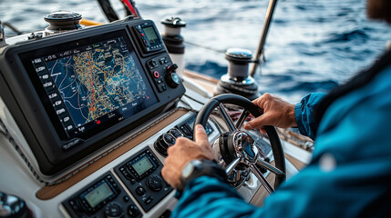 modern sailing yacht's cockpit with sailor's hands on wheel