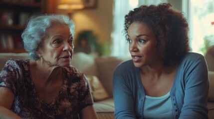 A senior woman receives wound care from a skilled healthcare worker in her living room. The caregiver attentive posture and the patient relaxed demeanor create a sense of trust and comfort. The