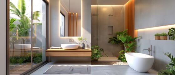 Serene Minimalist Bathroom with Single White Sink and Plant, Modern and Uncluttered Interior in High Definition