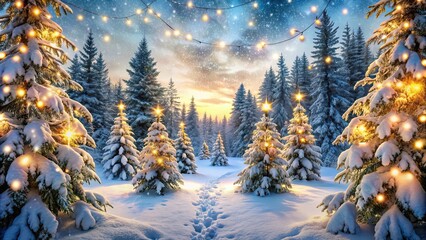 Christmas forest with snow-covered trees and twinkling lights, creating a magical winter wonderland , Christmas, forest