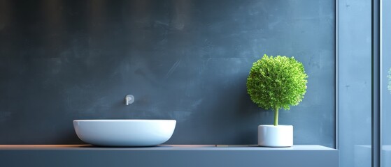 Fototapeta premium Serene Minimalist Bathroom with White Sink and Plant, High Resolution Elegance