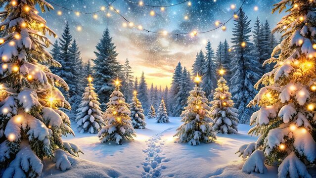 Christmas forest with snow-covered trees and twinkling lights, creating a magical winter wonderland , Christmas, forest