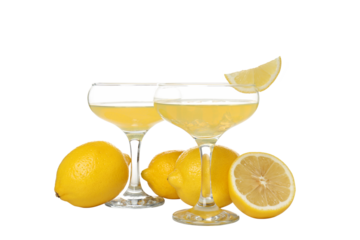 PNG, Lemons and cocktail glasses with limoncello, isolated on white background
