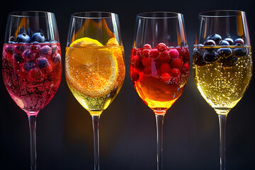 Four clear glasses filled with water, arranged neatly on a table, reflecting light and showcasing their transparency.