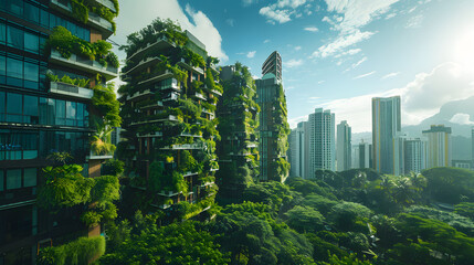 Green financial district with eco-friendly buildings