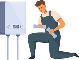 Plumber in uniform is kneeling and connecting pipes to a water heater