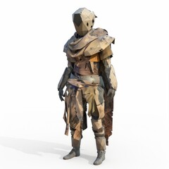 Obraz premium 3D Render, Low Poly style of dystopian NPC with a hooded cloak and mechanical limbs, on isolated white background