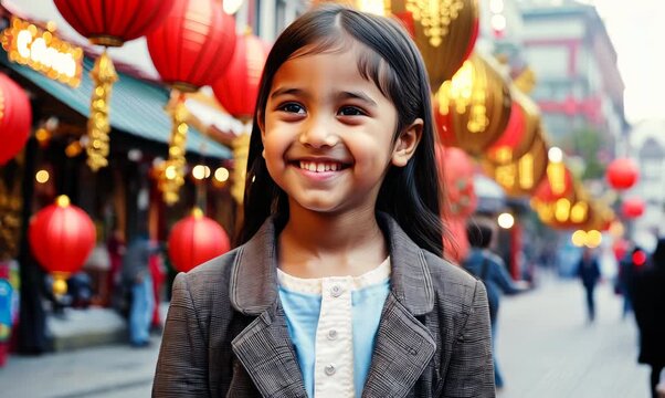 Medium shot portrait video of a satisfied child female that is wearing a classic blazer against a vibrant and bustling chinatown during lunar new year background