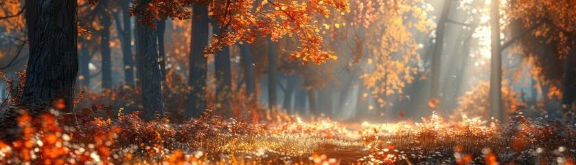 Sunlit Autumn Forest with Vibrant Red and Orange Foliage and Soft Morning Light