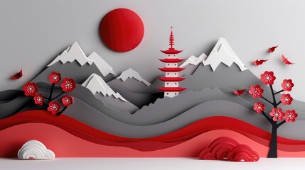 Minimalist paper cut design of Chinese New Year 2025 temple.