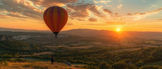 Serene Journey: Couple Enjoying Panoramic Views in Hot Air Balloon Above Countryside