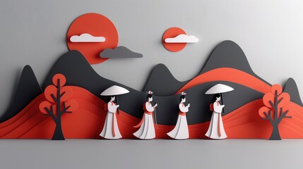 Minimalist paper cut illustration of Chinese New Year 2025 procession.